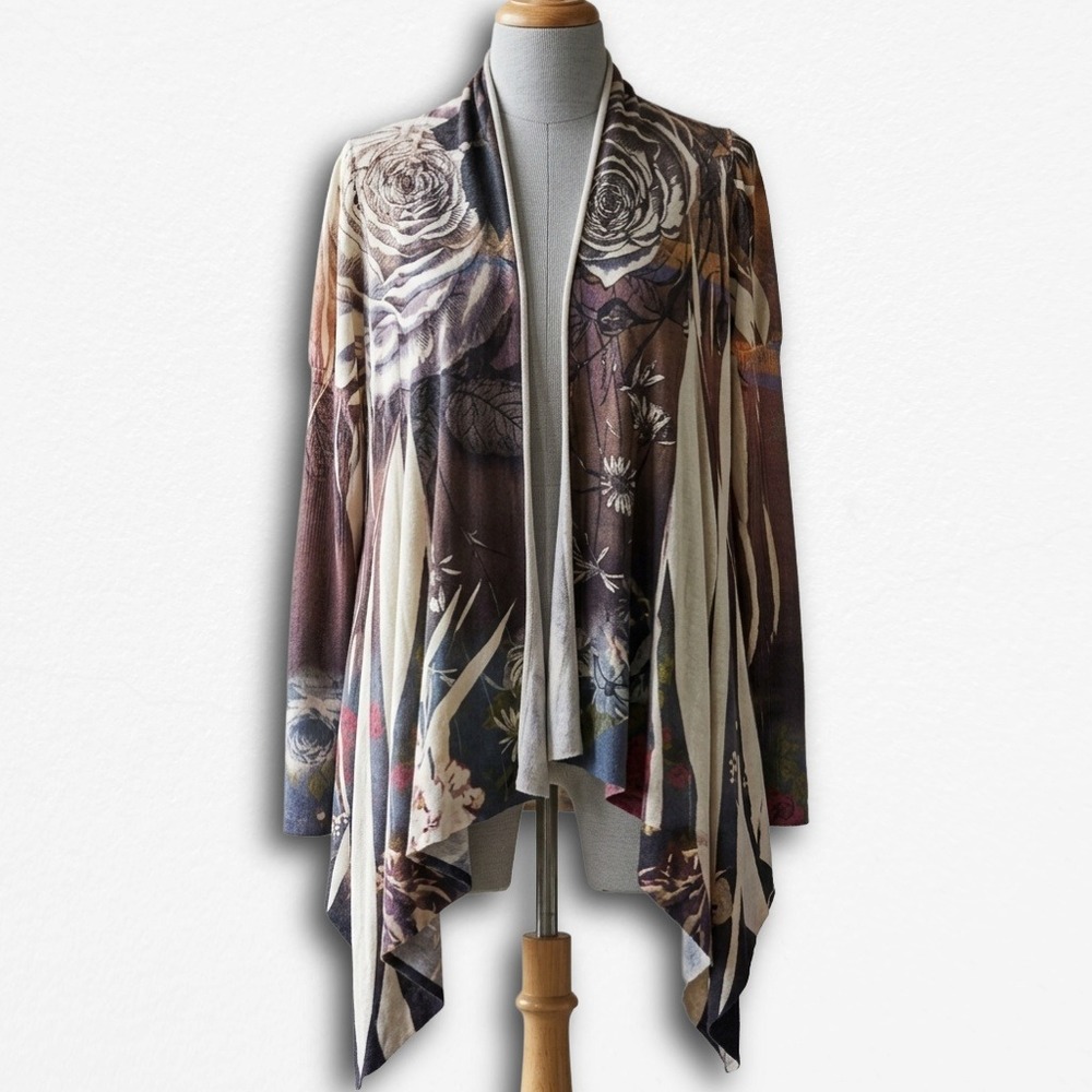 BLEU Floral Rose Print‎ Draped Open Front Waterfall Cardigan Brown Cream Small